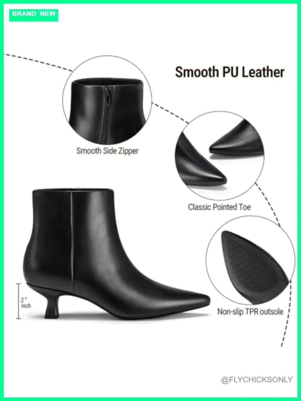 Kitten Heel Ankle Boots with Pointed Toe & Side Zipper